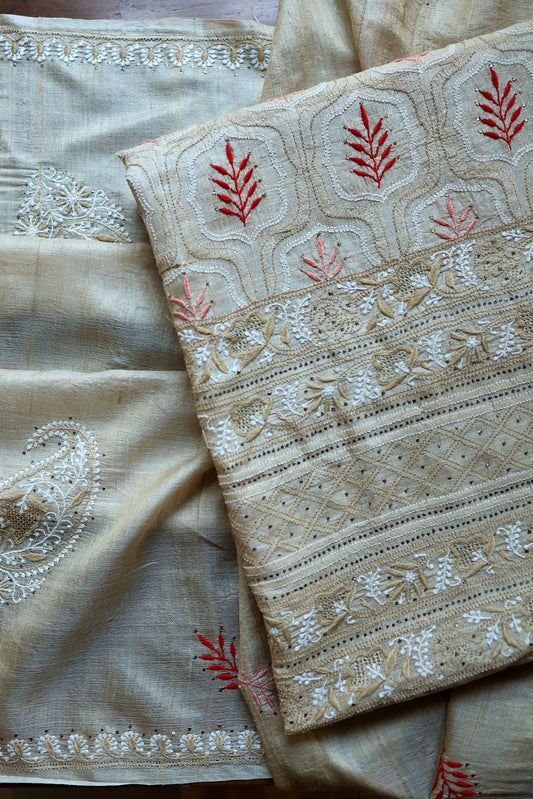 Red & Peach Natural Beige Tussar Silk Chikankari Fabric With Mukaish Kamdani