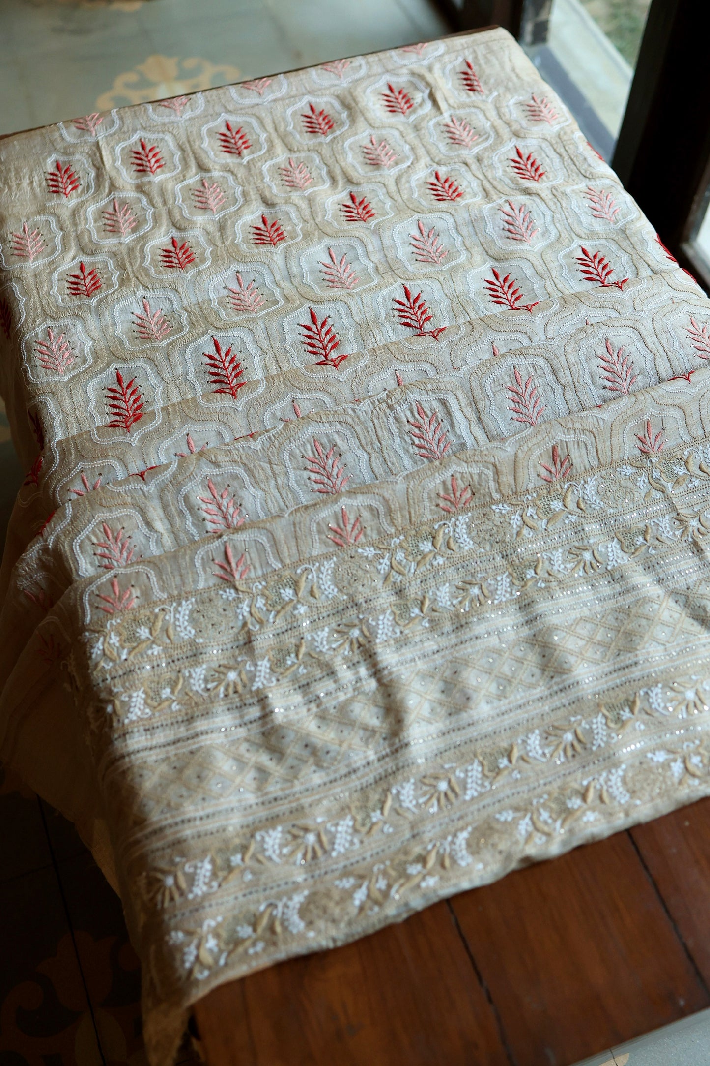Red & Peach Natural Beige Tussar Silk Chikankari Fabric With Mukaish Kamdani