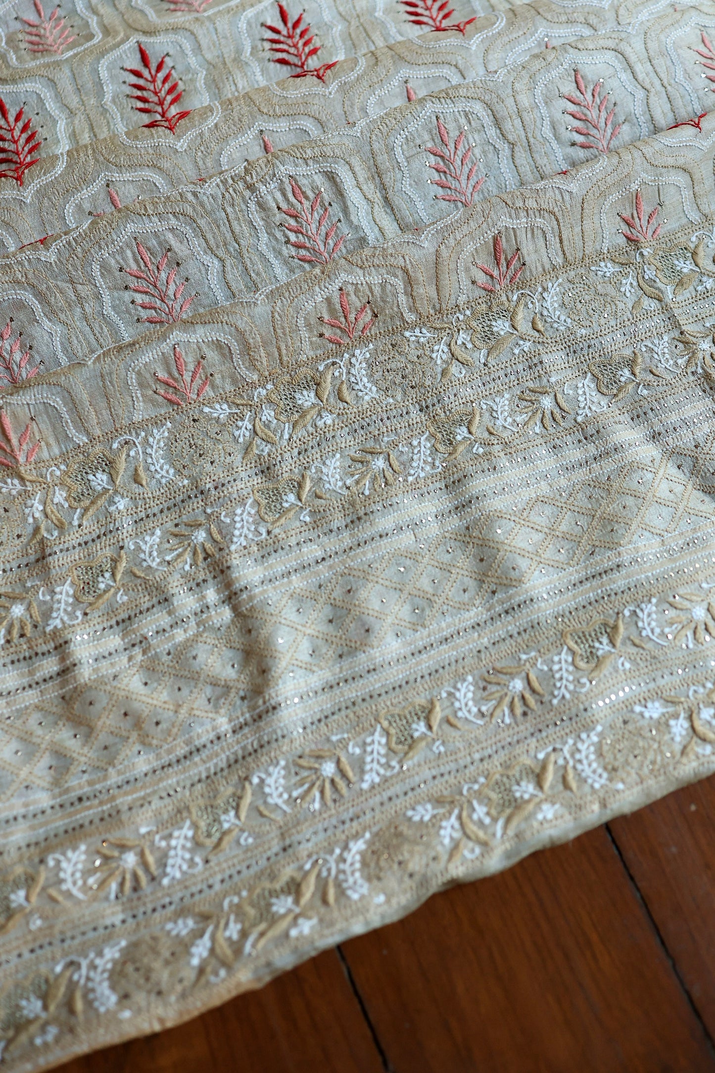 Red & Peach Natural Beige Tussar Silk Chikankari Fabric With Mukaish Kamdani