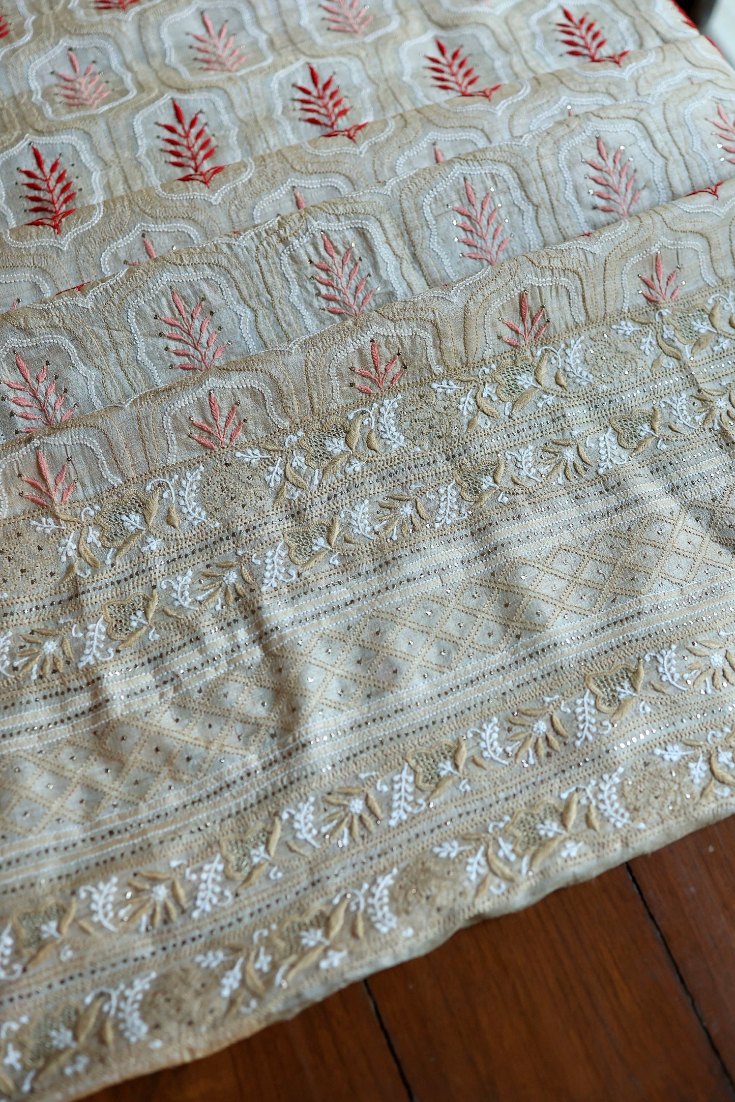 Red & Peach Natural Beige Tussar Silk Chikankari Fabric With Mukaish Kamdani