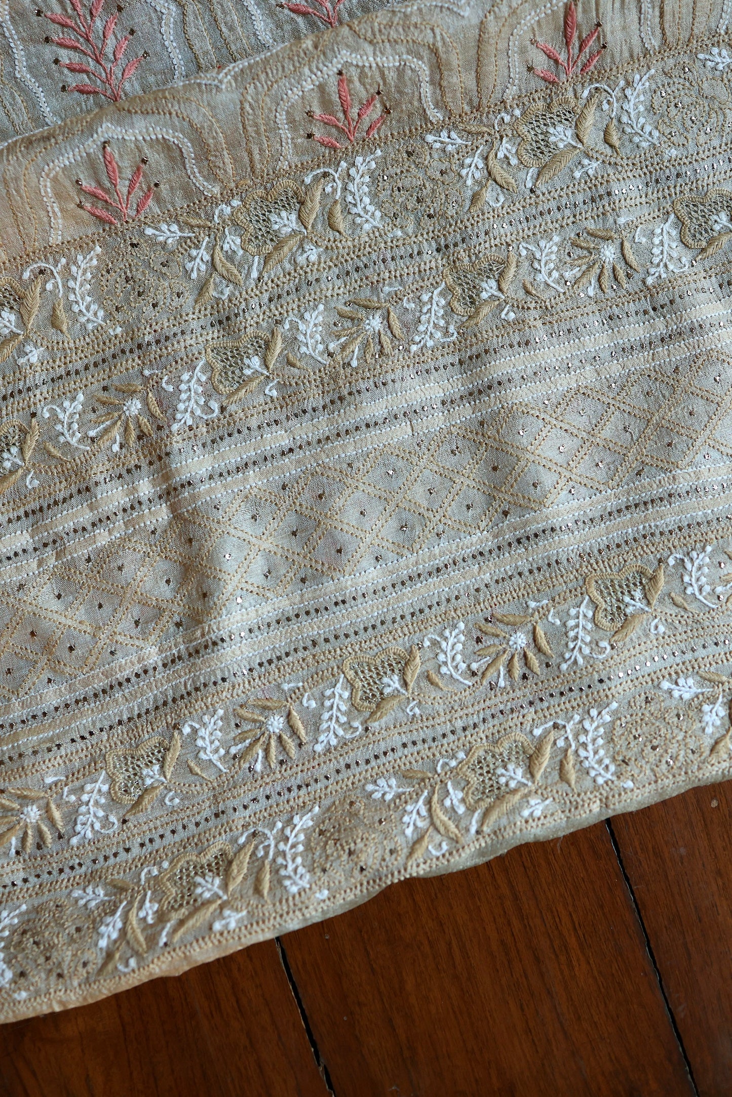 Red & Peach Natural Beige Tussar Silk Chikankari Fabric With Mukaish Kamdani