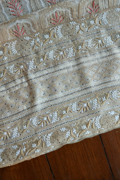 Red & Peach Natural Beige Tussar Silk Chikankari Fabric With Mukaish Kamdani