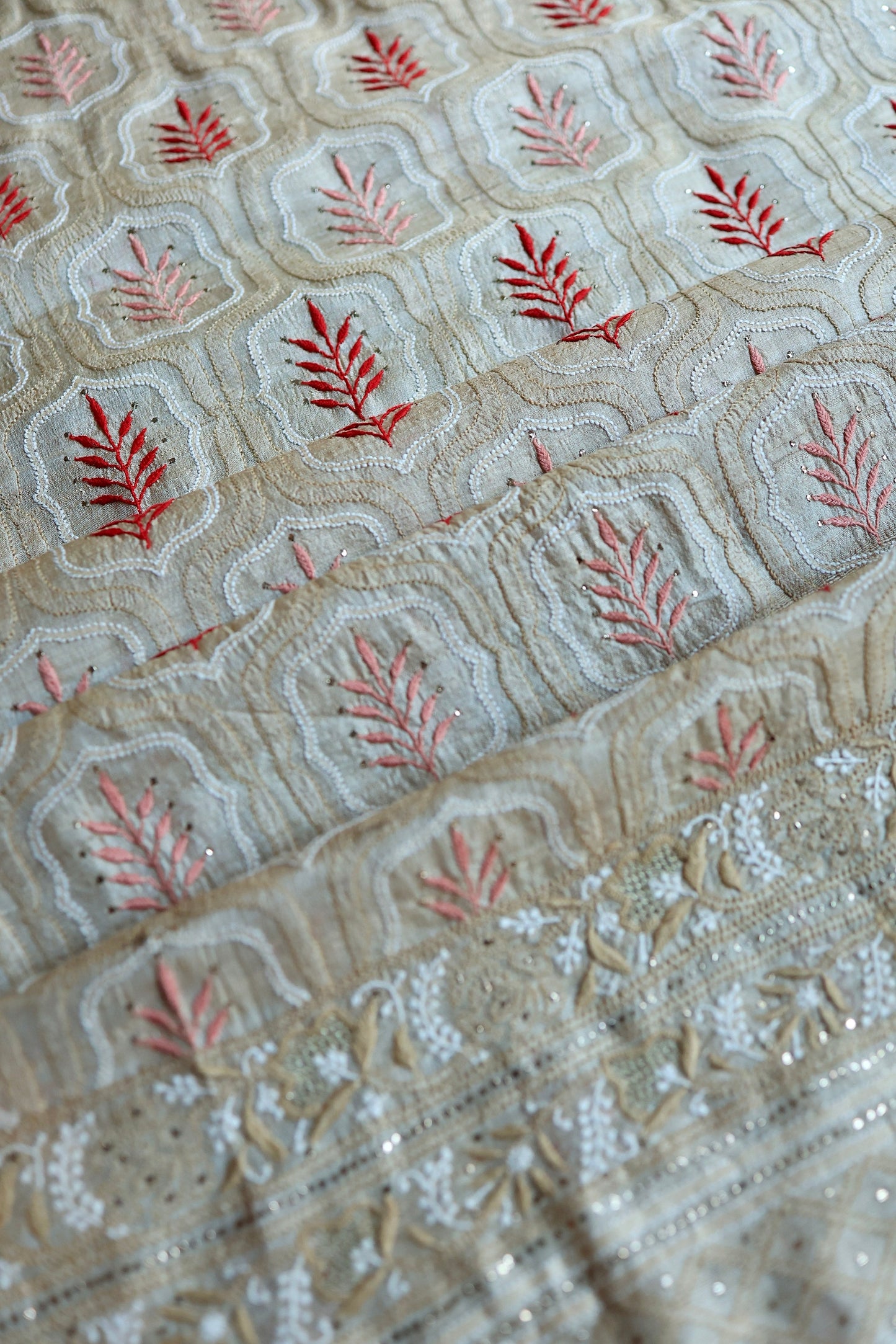 Red & Peach Natural Beige Tussar Silk Chikankari Fabric With Mukaish Kamdani