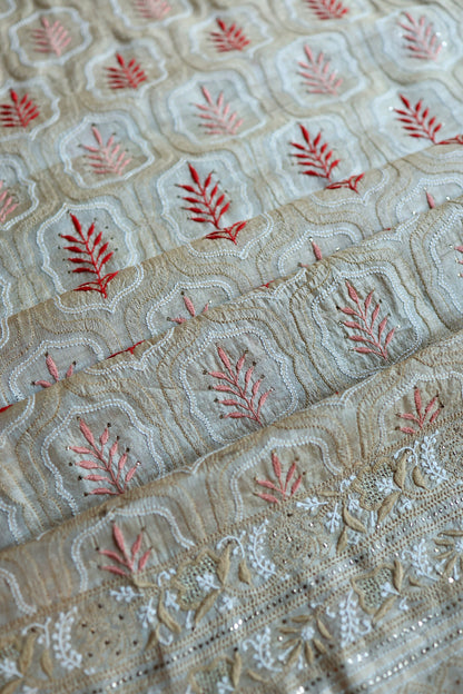 Red & Peach Natural Beige Tussar Silk Chikankari Fabric With Mukaish Kamdani