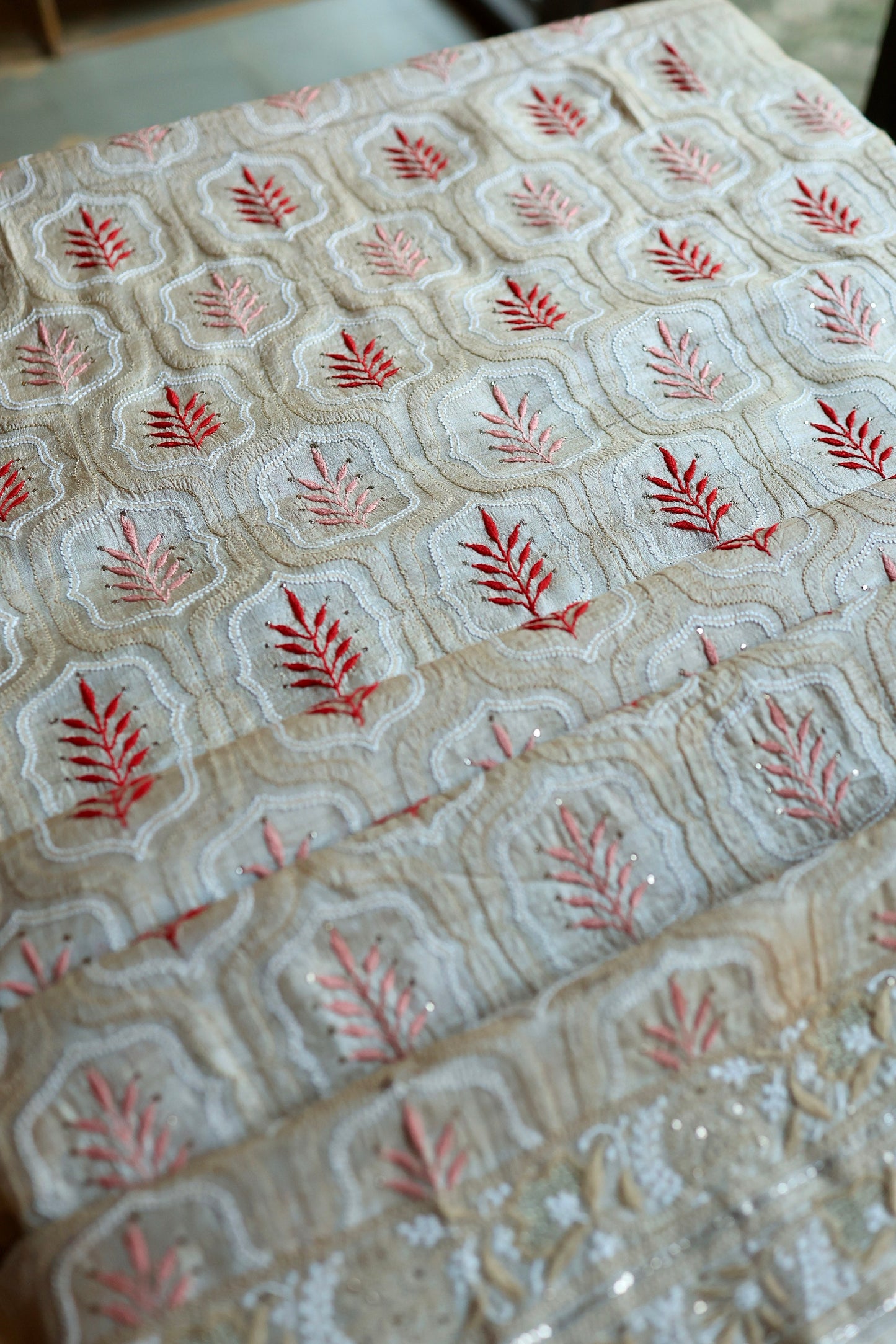 Red & Peach Natural Beige Tussar Silk Chikankari Fabric With Mukaish Kamdani