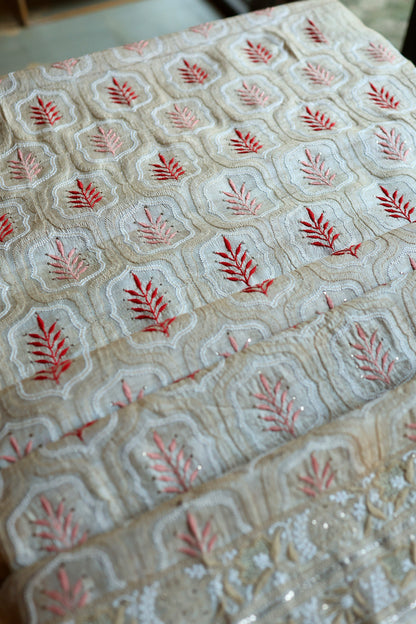 Red & Peach Natural Beige Tussar Silk Chikankari Fabric With Mukaish Kamdani