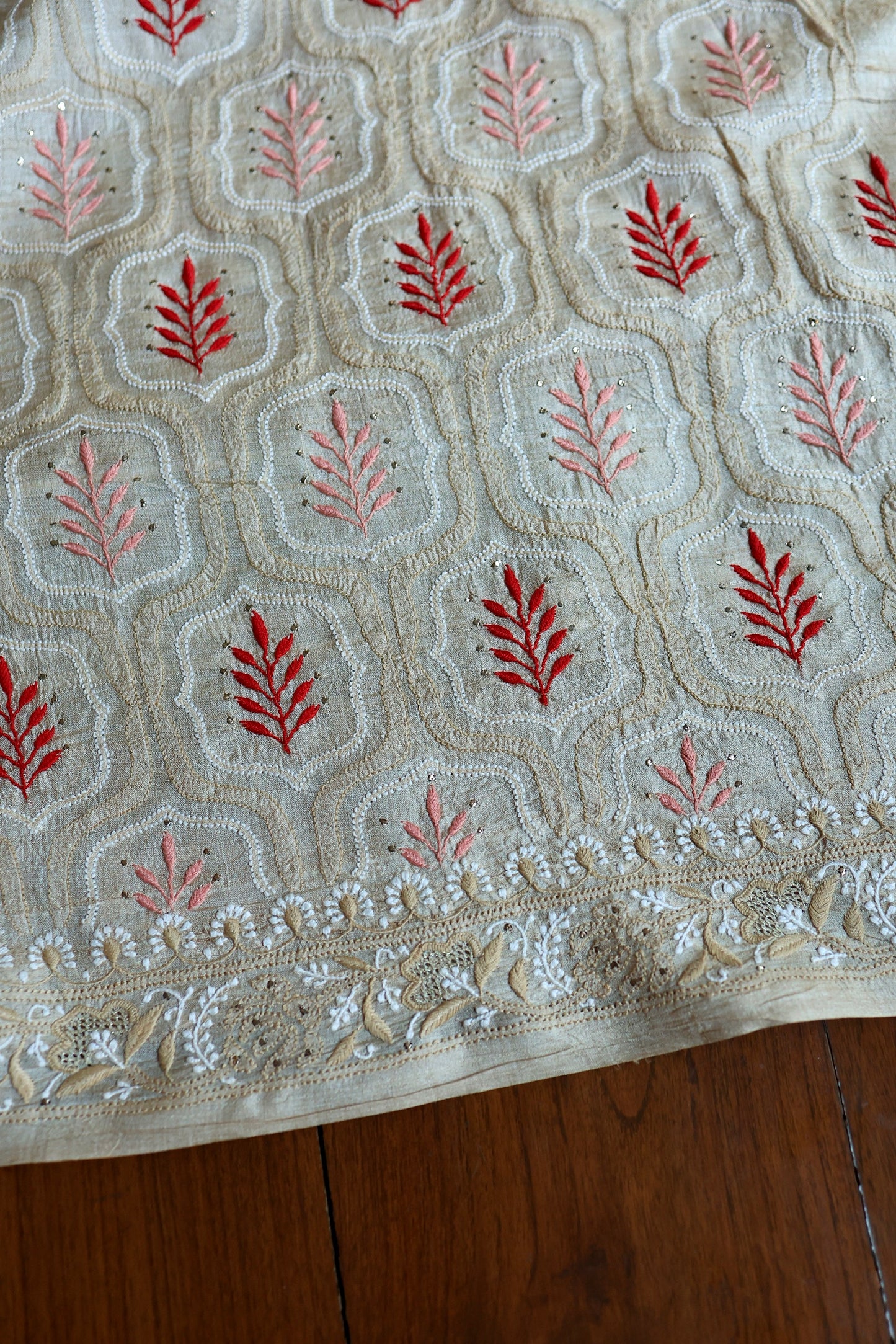 Red & Peach Natural Beige Tussar Silk Chikankari Fabric With Mukaish Kamdani