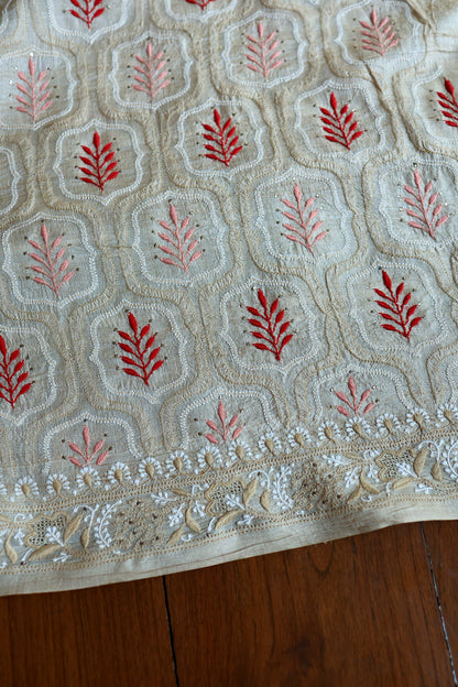 Red & Peach Natural Beige Tussar Silk Chikankari Fabric With Mukaish Kamdani