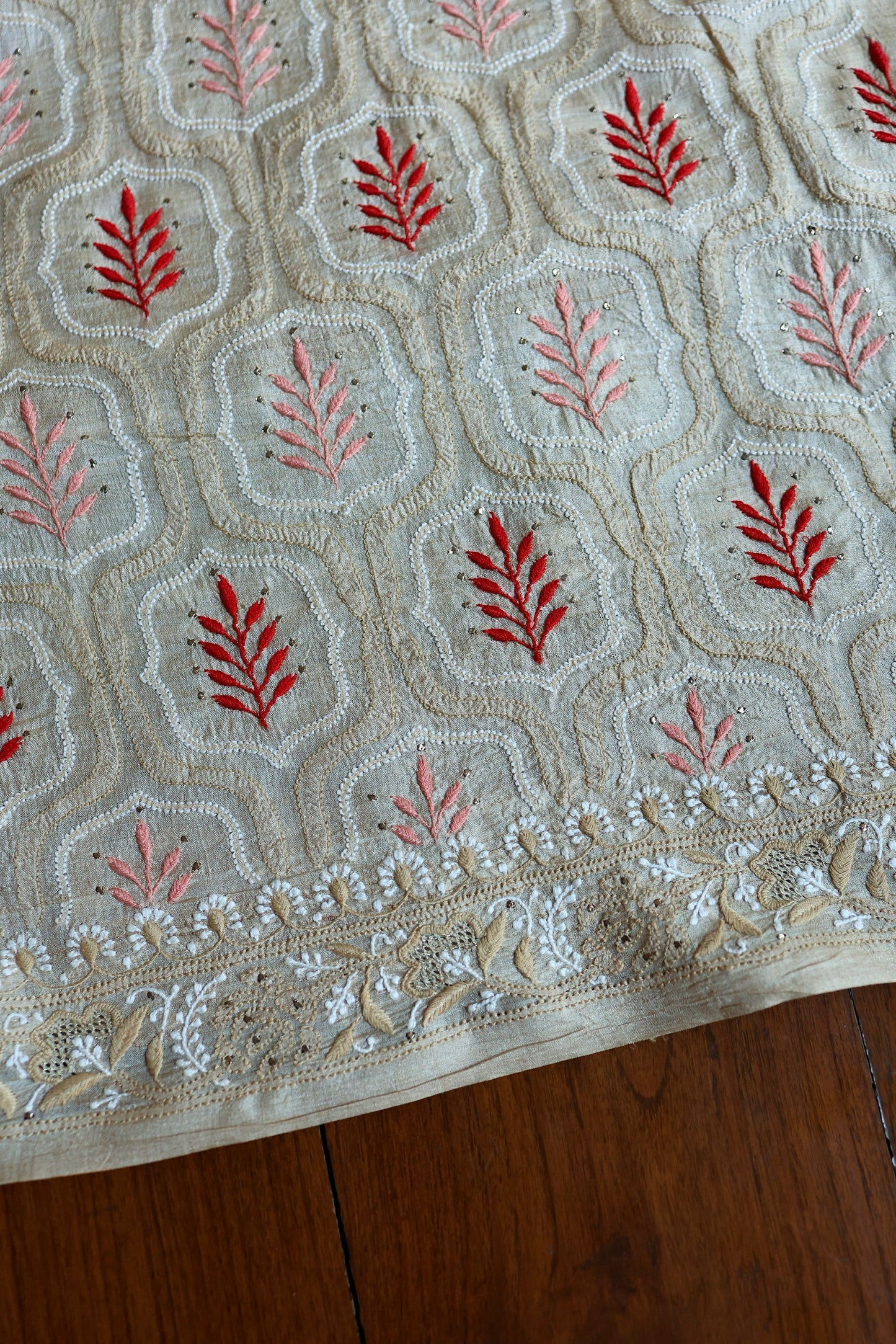 Red & Peach Natural Beige Tussar Silk Chikankari Fabric With Mukaish Kamdani