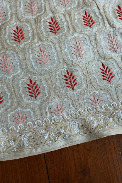Red & Peach Natural Beige Tussar Silk Chikankari Fabric With Mukaish Kamdani