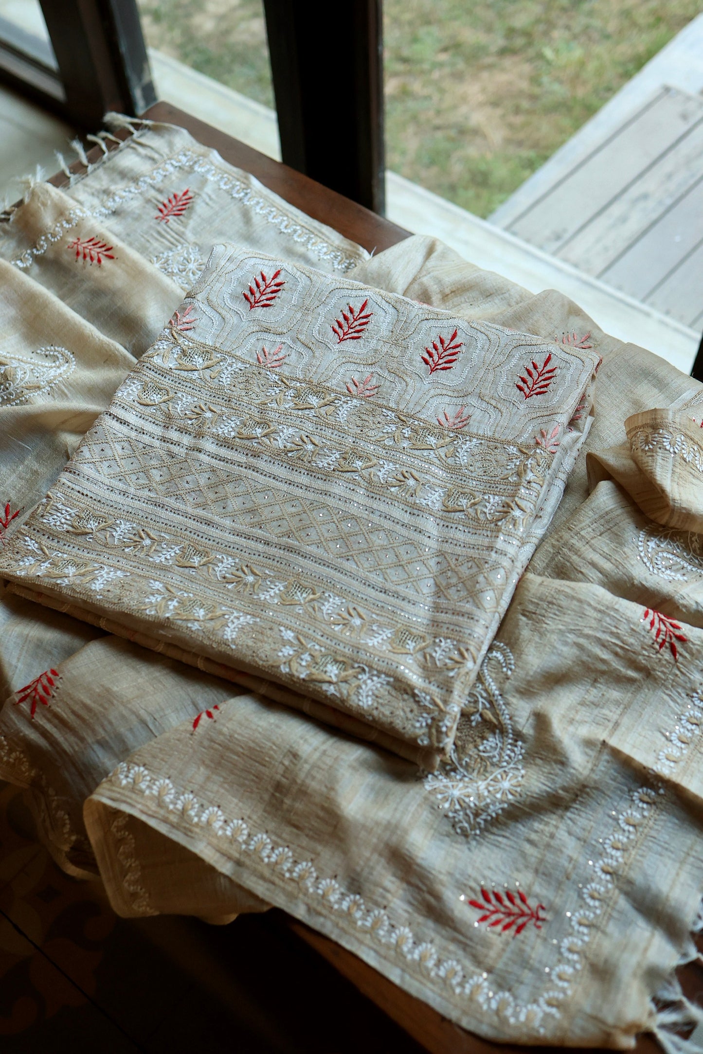 Red & Peach Natural Beige Tussar Silk Chikankari Fabric With Mukaish Kamdani