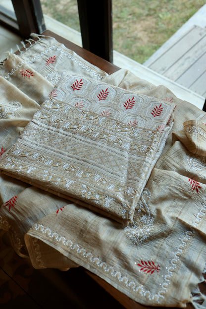 Red & Peach Natural Beige Tussar Silk Chikankari Fabric With Mukaish Kamdani