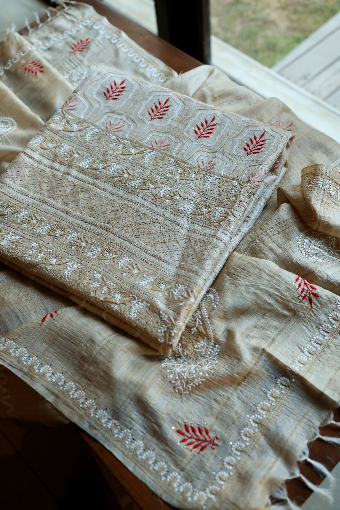 Red & Peach Natural Beige Tussar Silk Chikankari Fabric With Mukaish Kamdani