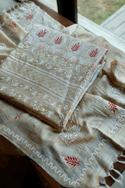 Red & Peach Natural Beige Tussar Silk Chikankari Fabric With Mukaish Kamdani