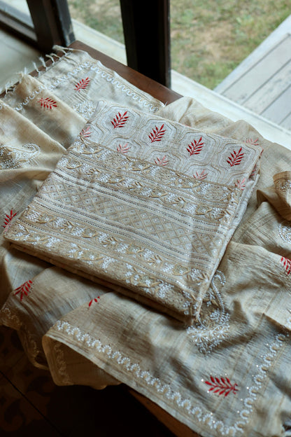 Red & Peach Natural Beige Tussar Silk Chikankari Fabric With Mukaish Kamdani