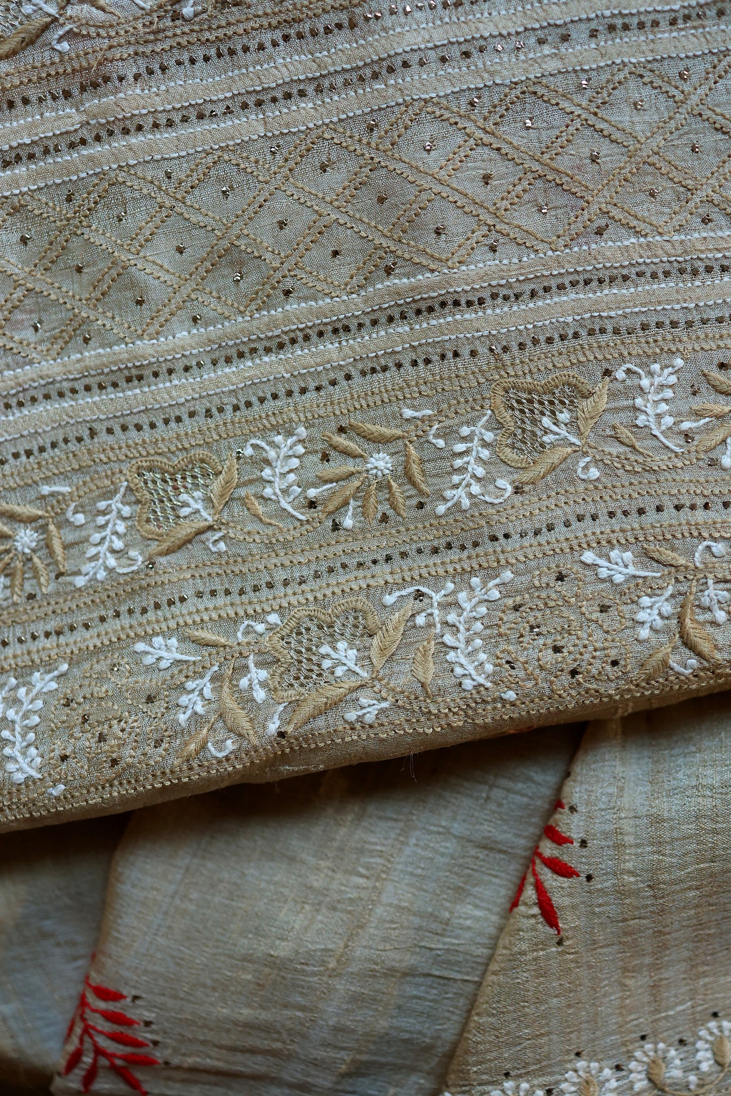 Red & Peach Natural Beige Tussar Silk Chikankari Fabric With Mukaish Kamdani