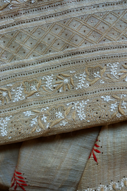 Red & Peach Natural Beige Tussar Silk Chikankari Fabric With Mukaish Kamdani