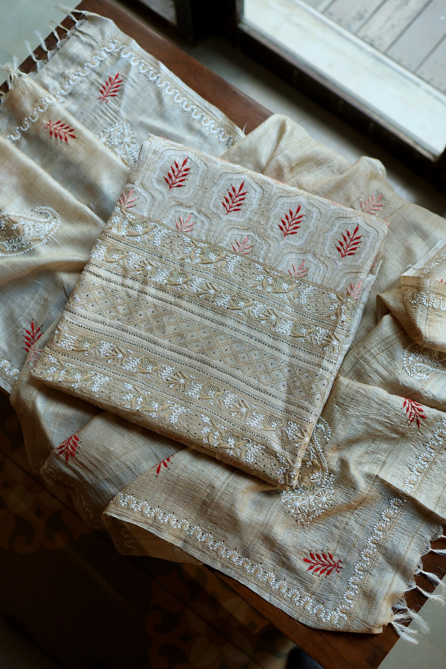 Red & Peach Natural Beige Tussar Silk Chikankari Fabric With Mukaish Kamdani