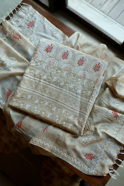 Red & Peach Natural Beige Tussar Silk Chikankari Fabric With Mukaish Kamdani