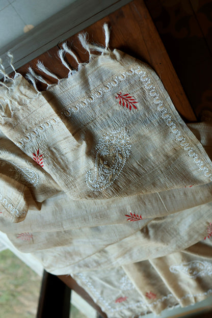 Red & Peach Natural Beige Tussar Silk Chikankari Fabric With Mukaish Kamdani