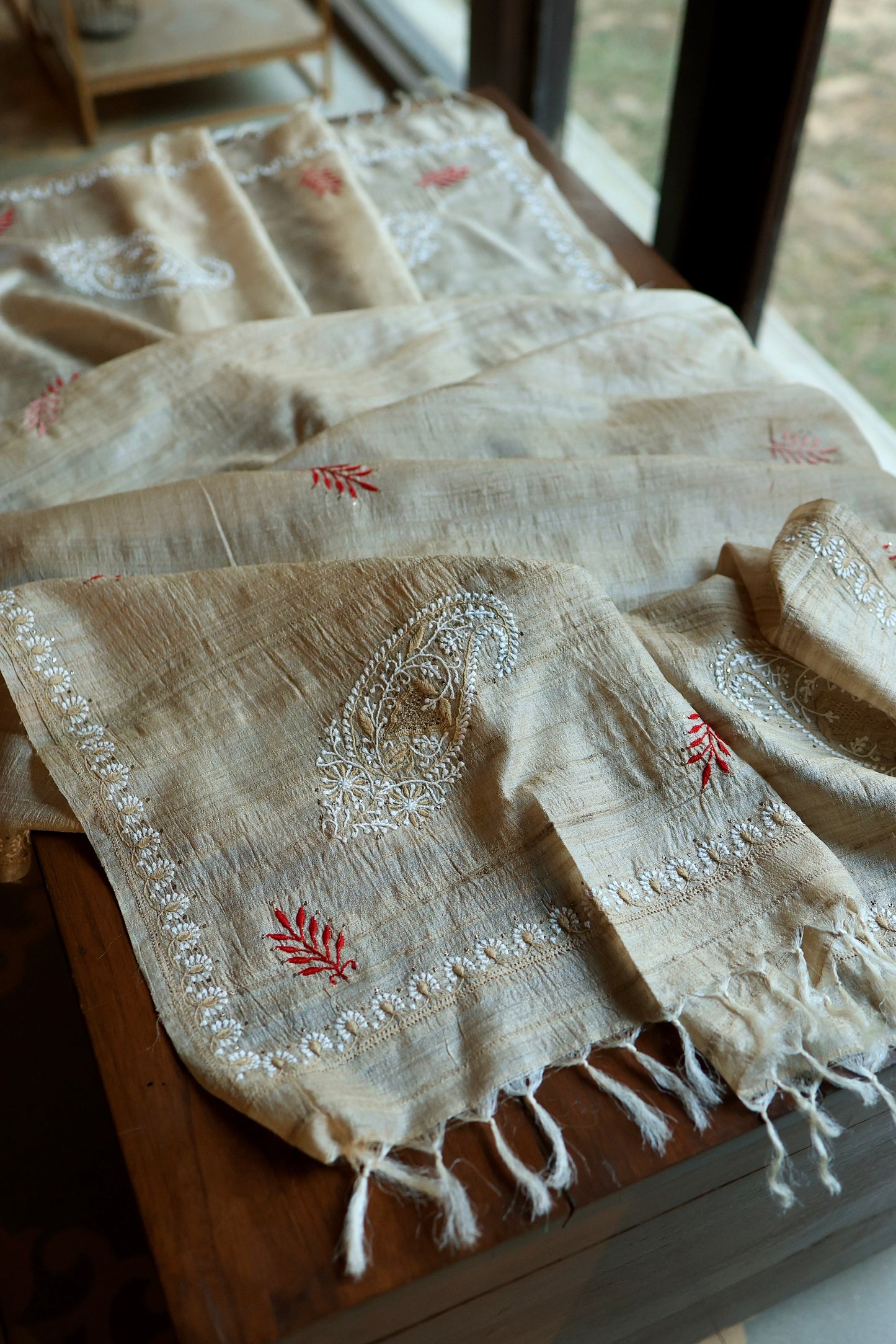 Red & Peach Natural Beige Tussar Silk Chikankari Fabric With Mukaish Kamdani