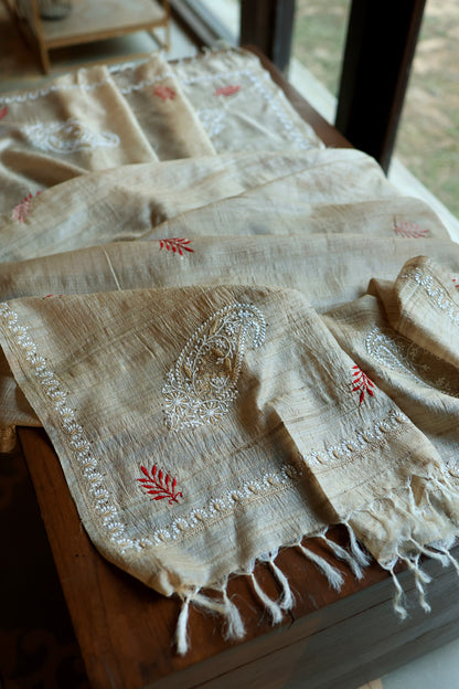 Red & Peach Natural Beige Tussar Silk Chikankari Fabric With Mukaish Kamdani