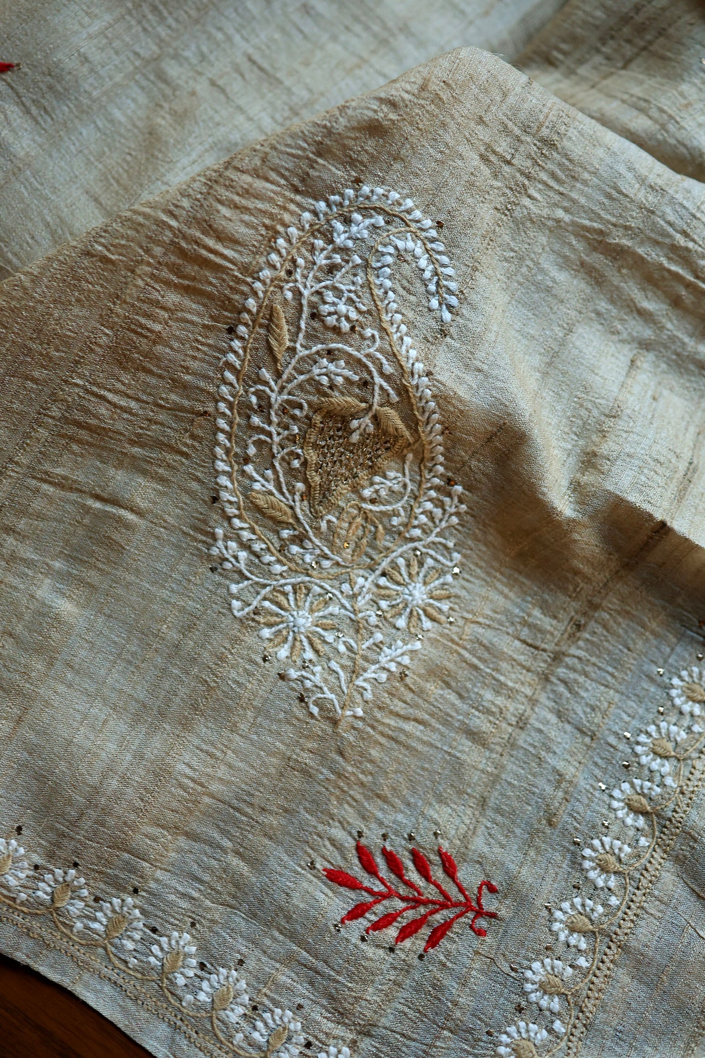 Red & Peach Natural Beige Tussar Silk Chikankari Fabric With Mukaish Kamdani