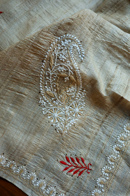 Red & Peach Natural Beige Tussar Silk Chikankari Fabric With Mukaish Kamdani