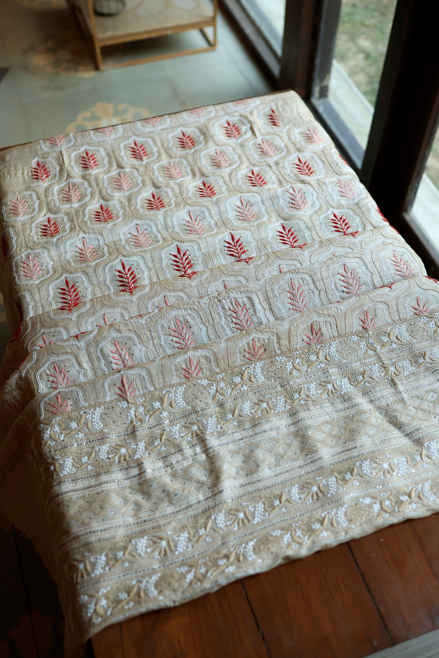 Red & Peach Natural Beige Tussar Silk Chikankari Fabric With Mukaish Kamdani