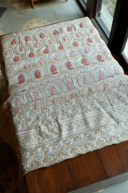 Red & Peach Natural Beige Tussar Silk Chikankari Fabric With Mukaish Kamdani