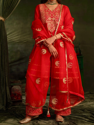 Red SICO Applique Organza Silk Chikankari Kurta Set