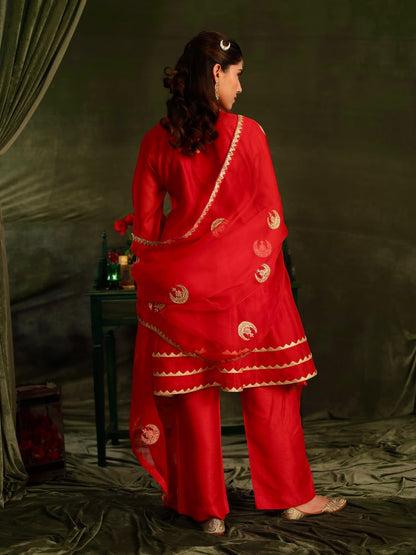 Red SICO Applique Organza Silk Chikankari Kurta Set