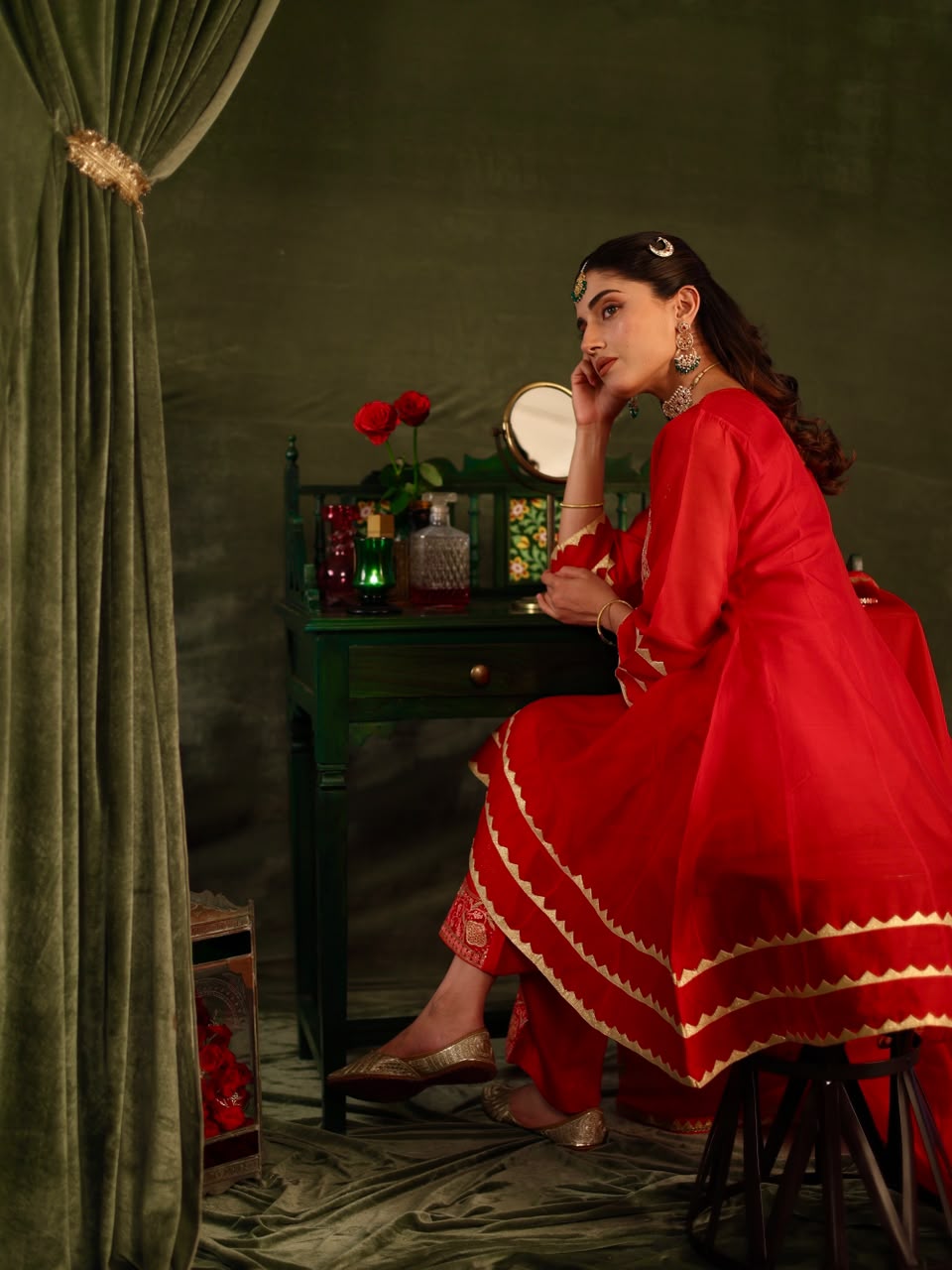 Red SICO Applique Organza Silk Chikankari Kurta Set