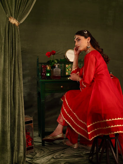 Red SICO Applique Organza Silk Chikankari Kurta Set
