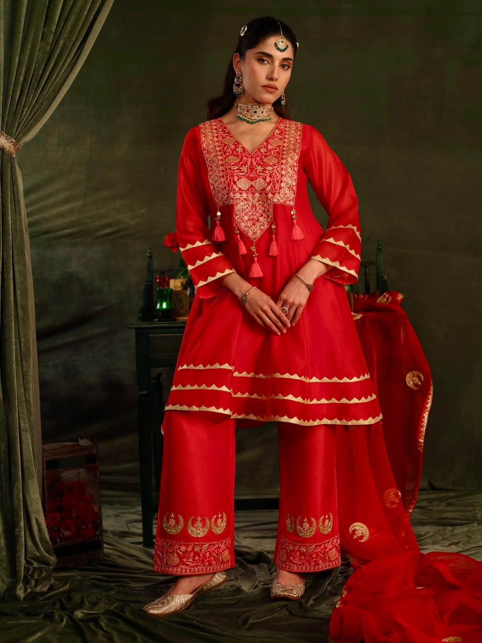 Red SICO Applique Organza Silk Chikankari Kurta Set