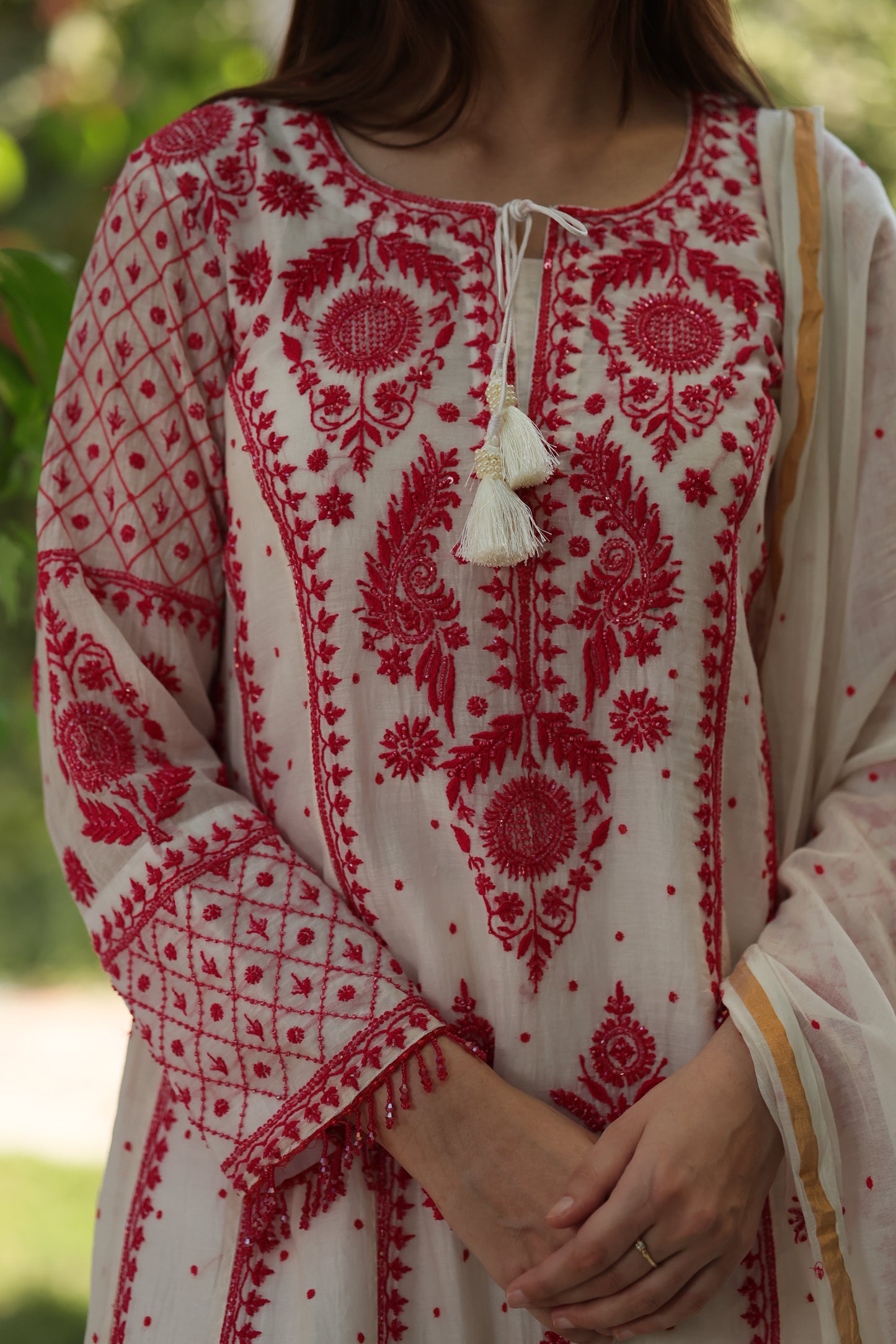 White & Red Malmal Pearl Work Chikankari A Line Kalidar Kurta With Dupatta