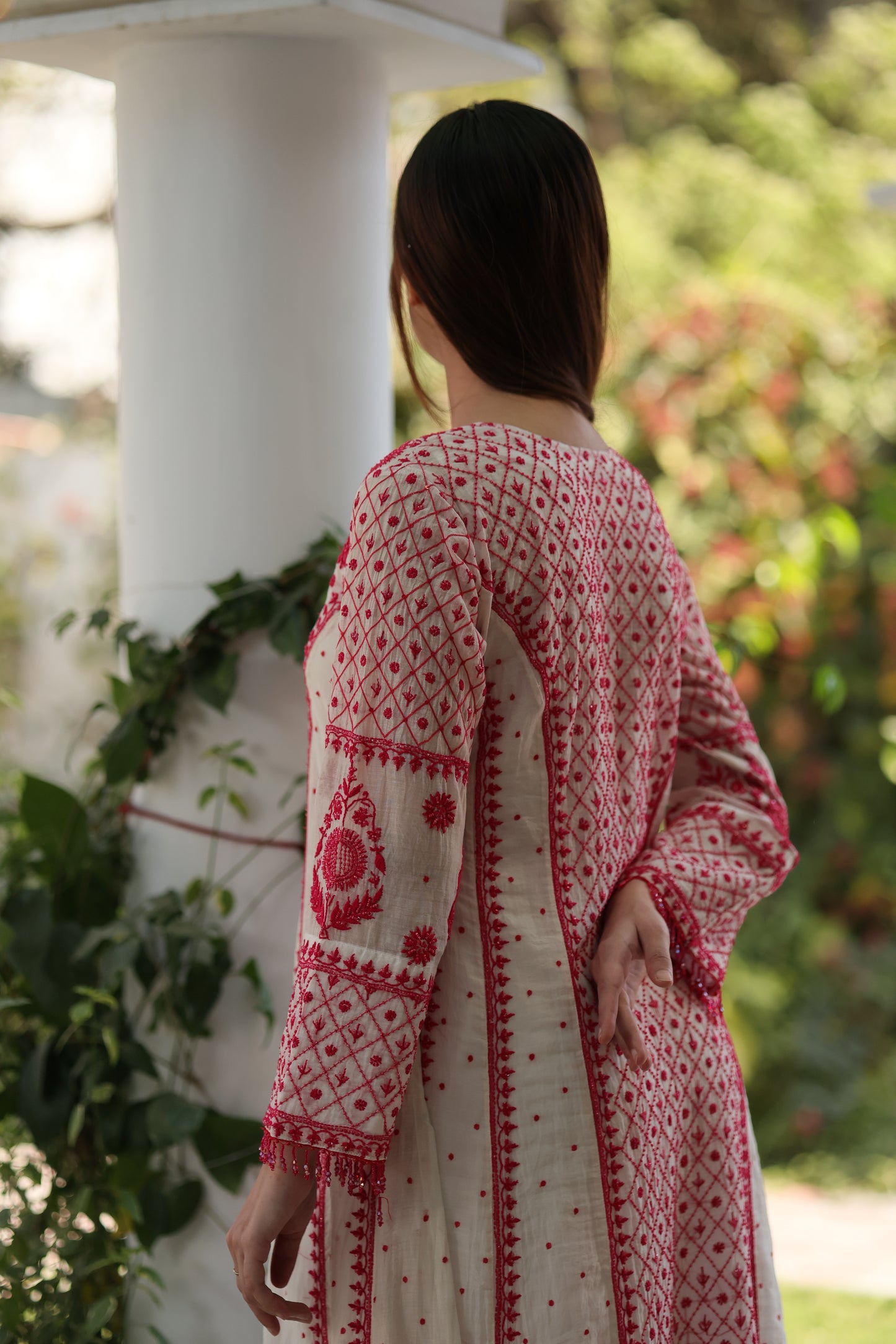White & Red Malmal Pearl Work Chikankari A Line Kalidar Kurta With Dupatta