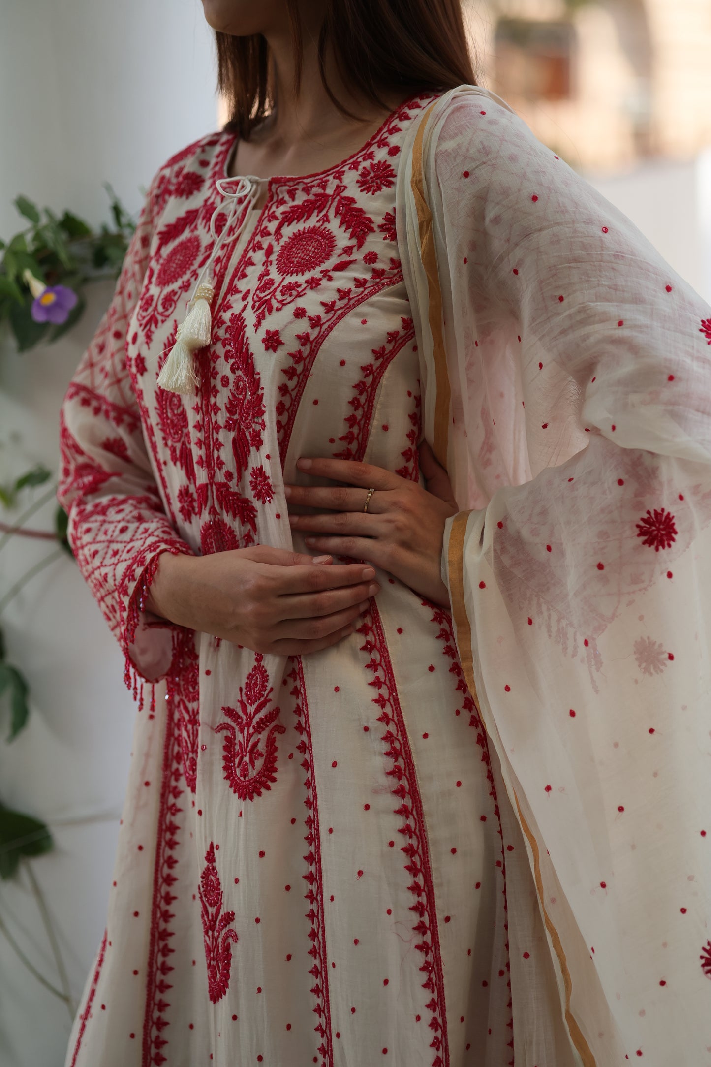 White & Red Malmal Pearl Work Chikankari A Line Kalidar Kurta With Dupatta
