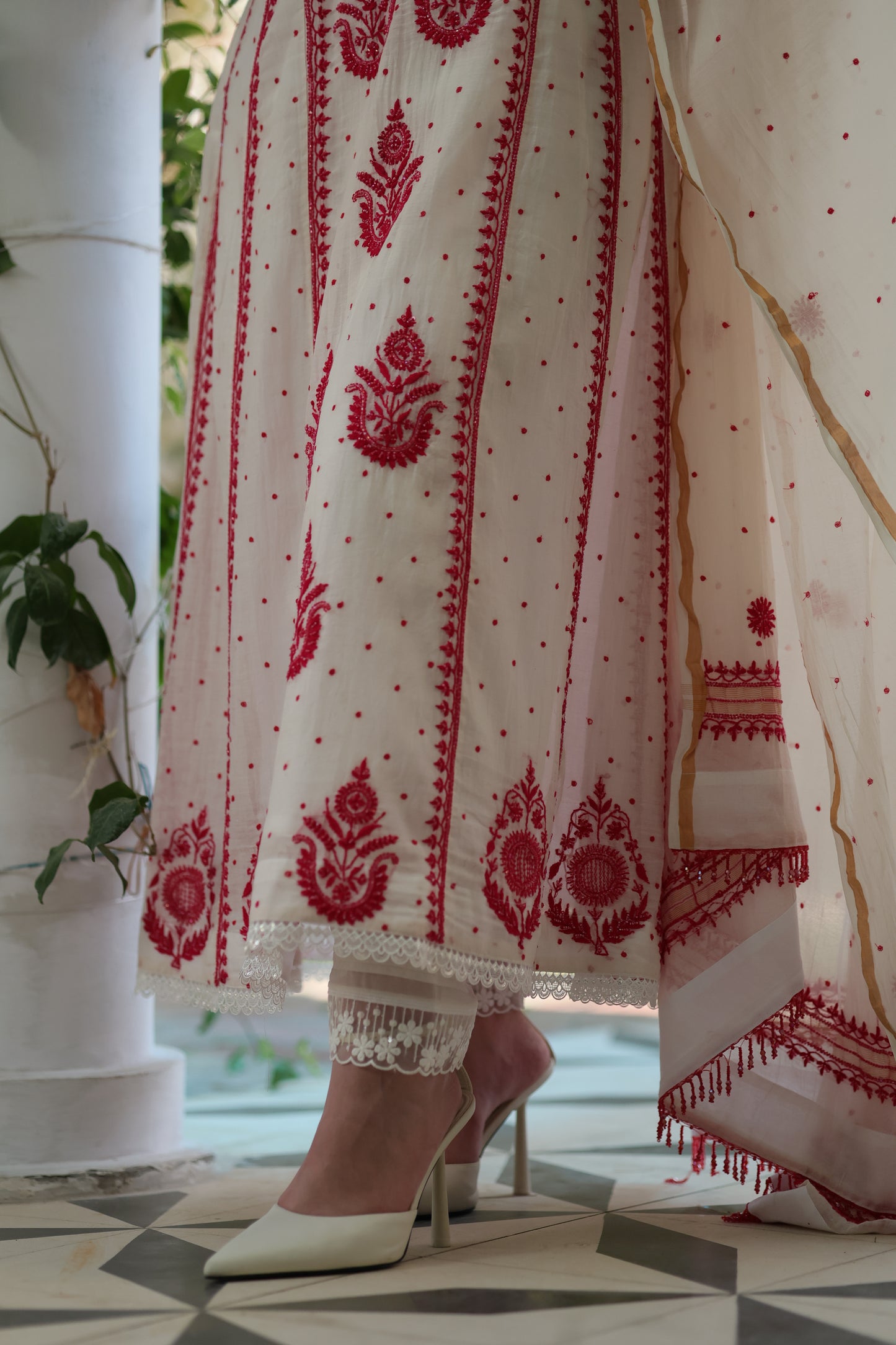 White & Red Malmal Pearl Work Chikankari A Line Kalidar Kurta With Dupatta