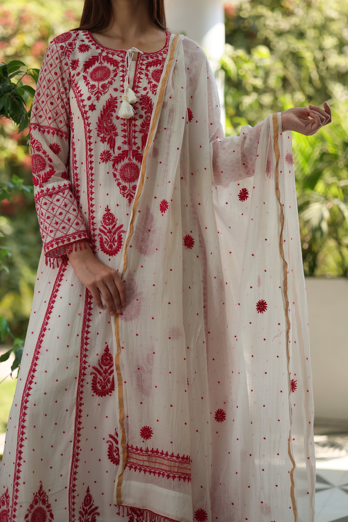 White & Red Malmal Pearl Work Chikankari A Line Kalidar Kurta With Dupatta
