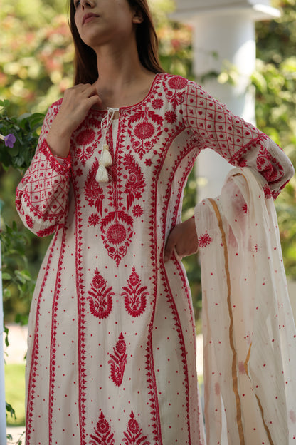 White & Red Malmal Pearl Work Chikankari A Line Kalidar Kurta With Dupatta