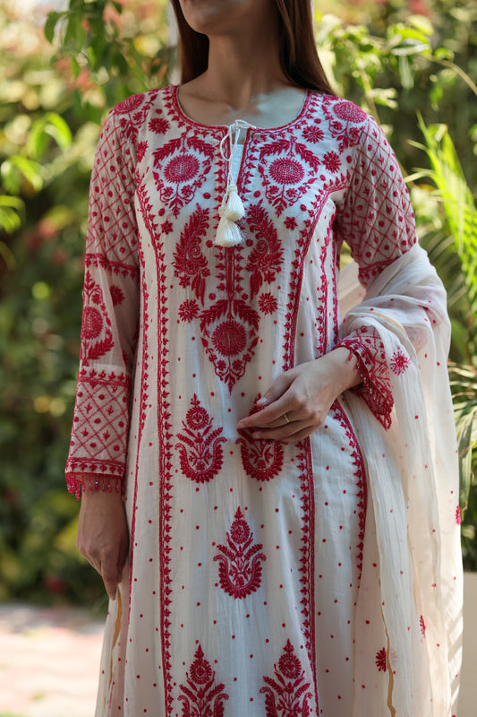 Red & White Malmal Pearl Work Chikankari A Line Kurta With Dupatta