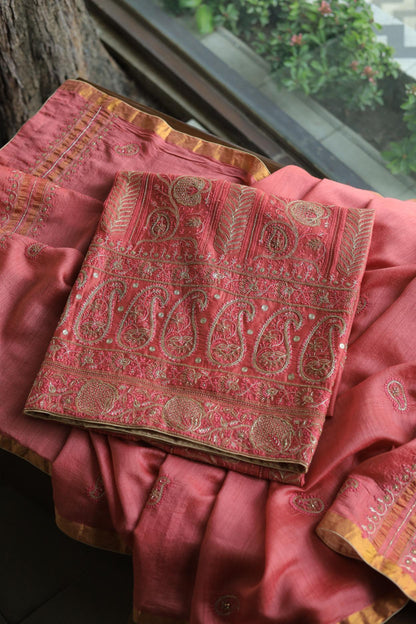 Carrot Pink Pink Moonga Silk Chikankari Unstitched Fabric