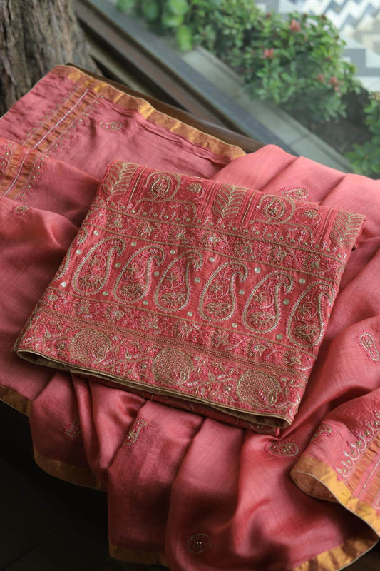 Carrot Pink Pink Moonga Silk Chikankari Unstitched Fabric