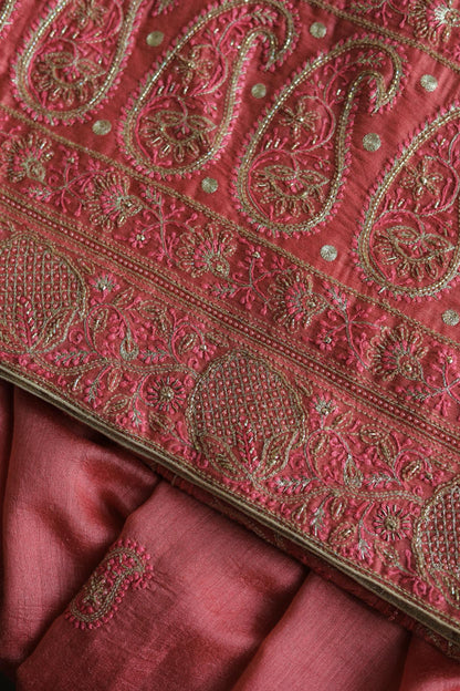 Carrot Pink Pink Moonga Silk Chikankari Unstitched Fabric