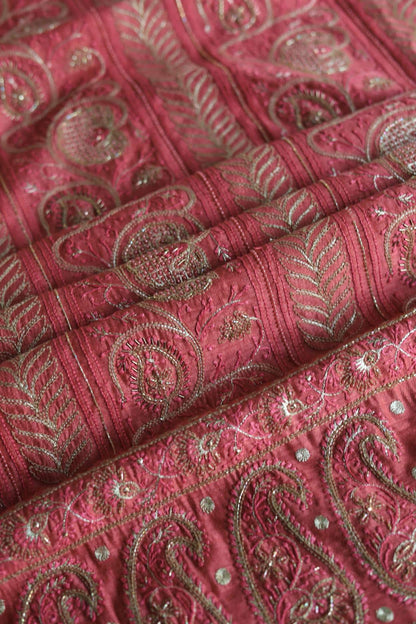 Carrot Pink Pink Moonga Silk Chikankari Unstitched Fabric