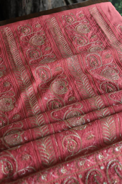 Carrot Pink Pink Moonga Silk Chikankari Unstitched Fabric