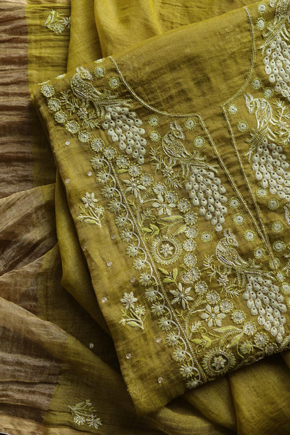 Mehndi Green Tissue Silk Chikankari Unstitched Fabric
