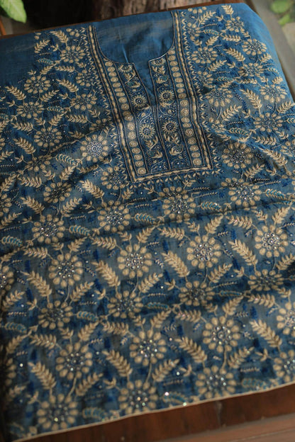 Blue Tissue Silk Chikankari Unstitched Fabric