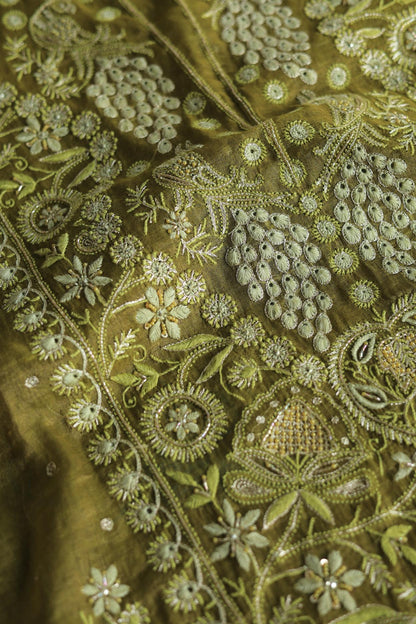 Mehndi Green Tissue Silk Chikankari Unstitched Fabric